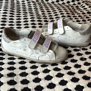 Golden Goose Old School white velcro tennis shoes with lavender & silver sparkle
